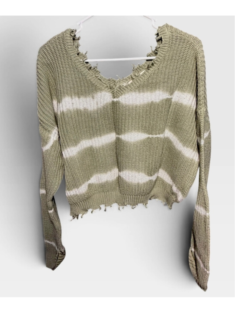Women's Jessica Simpson Distressed Knit Sweater Green White Striped Size L